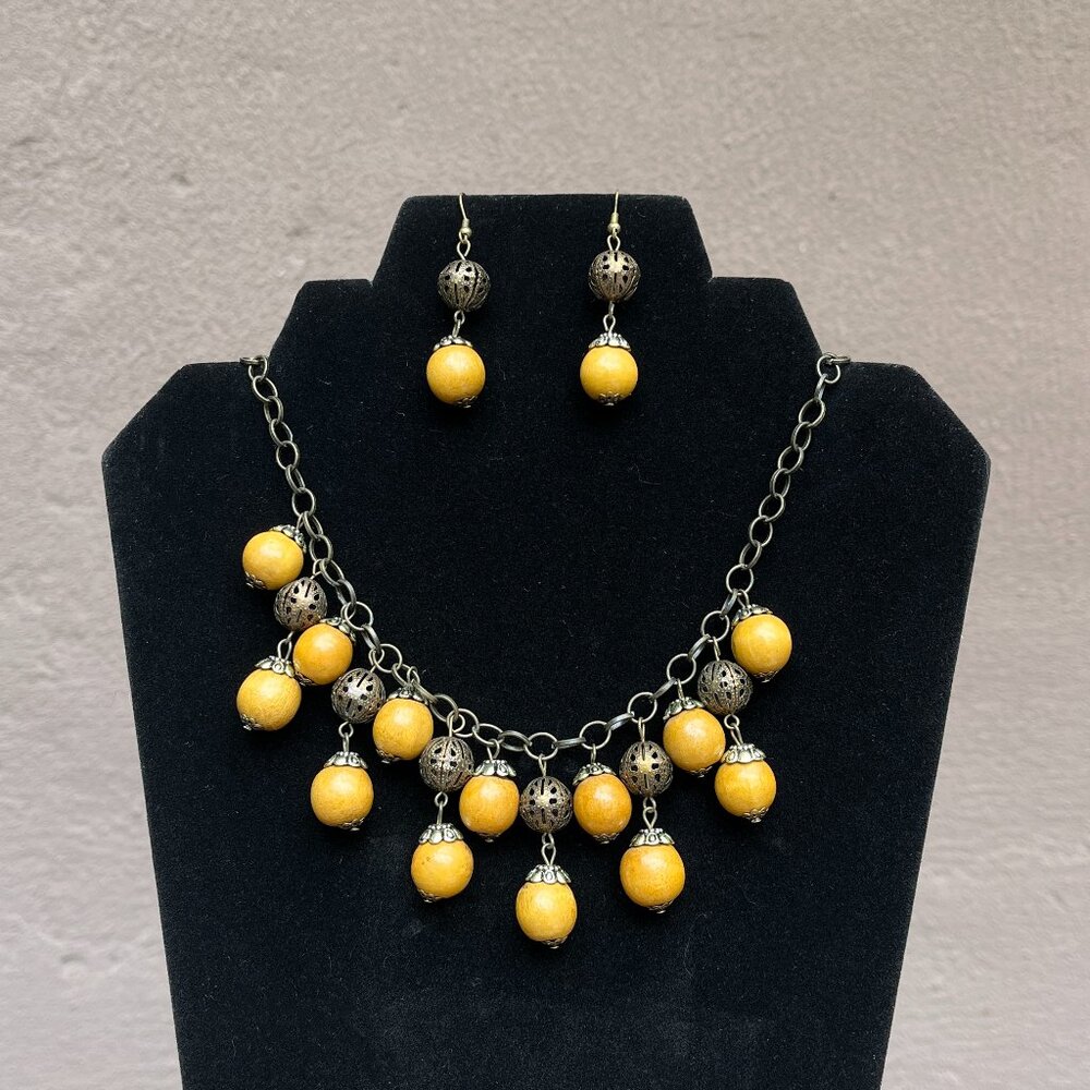 Vintage Style Boho Yellow Wood Bead & Bronze Filigree Necklace & Earring Set